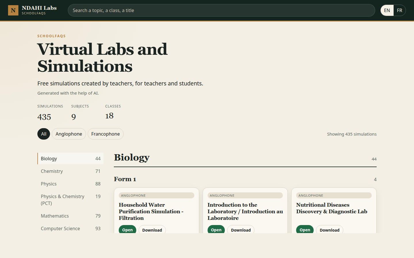 The NDAHI Labs catalogue, showing 435 simulations