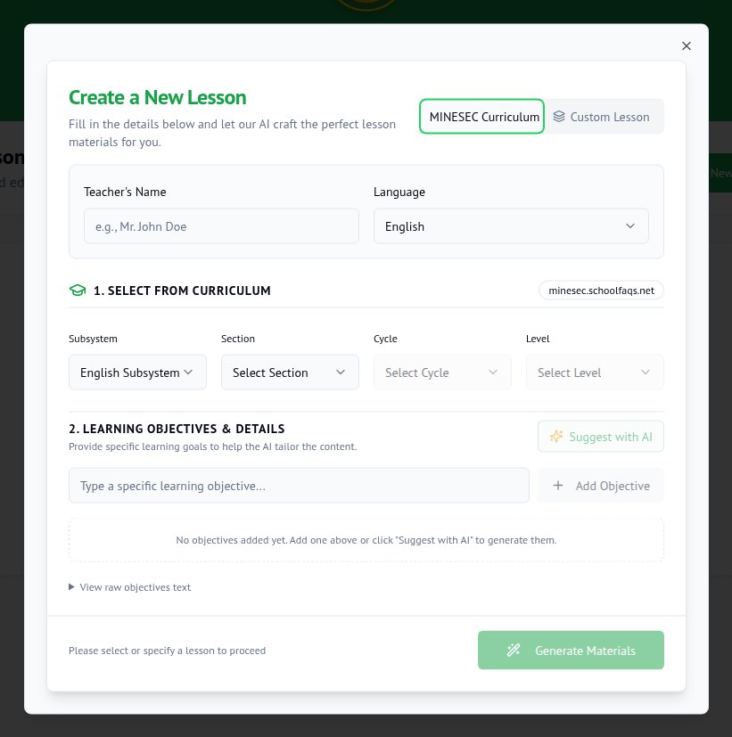 The MINESEC Lesson Designer form for creating a lesson from the curriculum