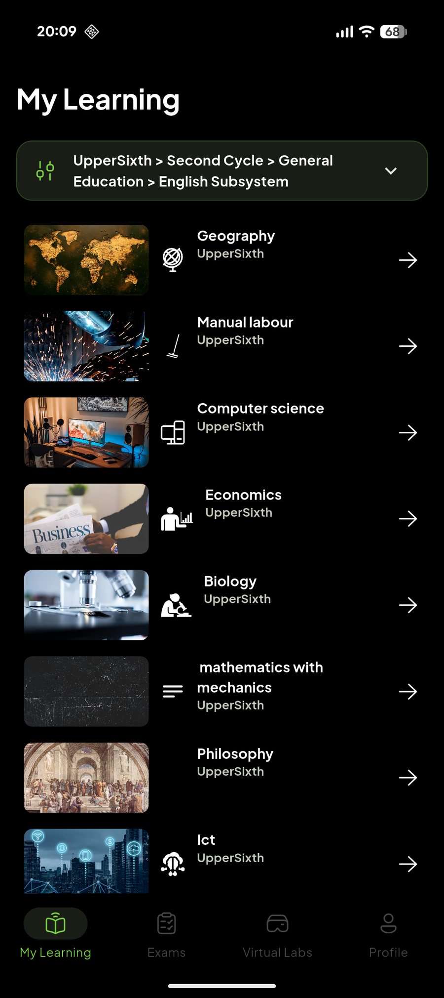 The MINESEC DLC app open on My Learning, with Upper Sixth subjects