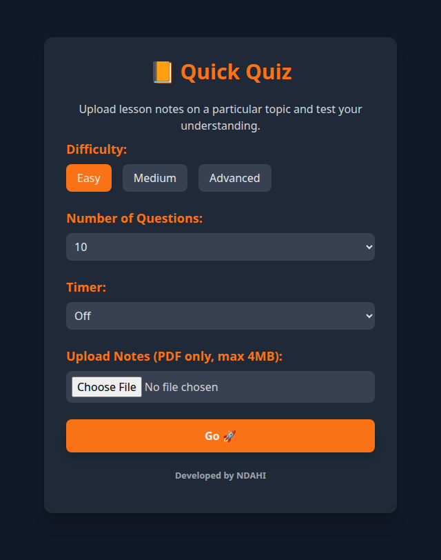 The Quick Quiz page, where you upload notes, choose a difficulty, and start