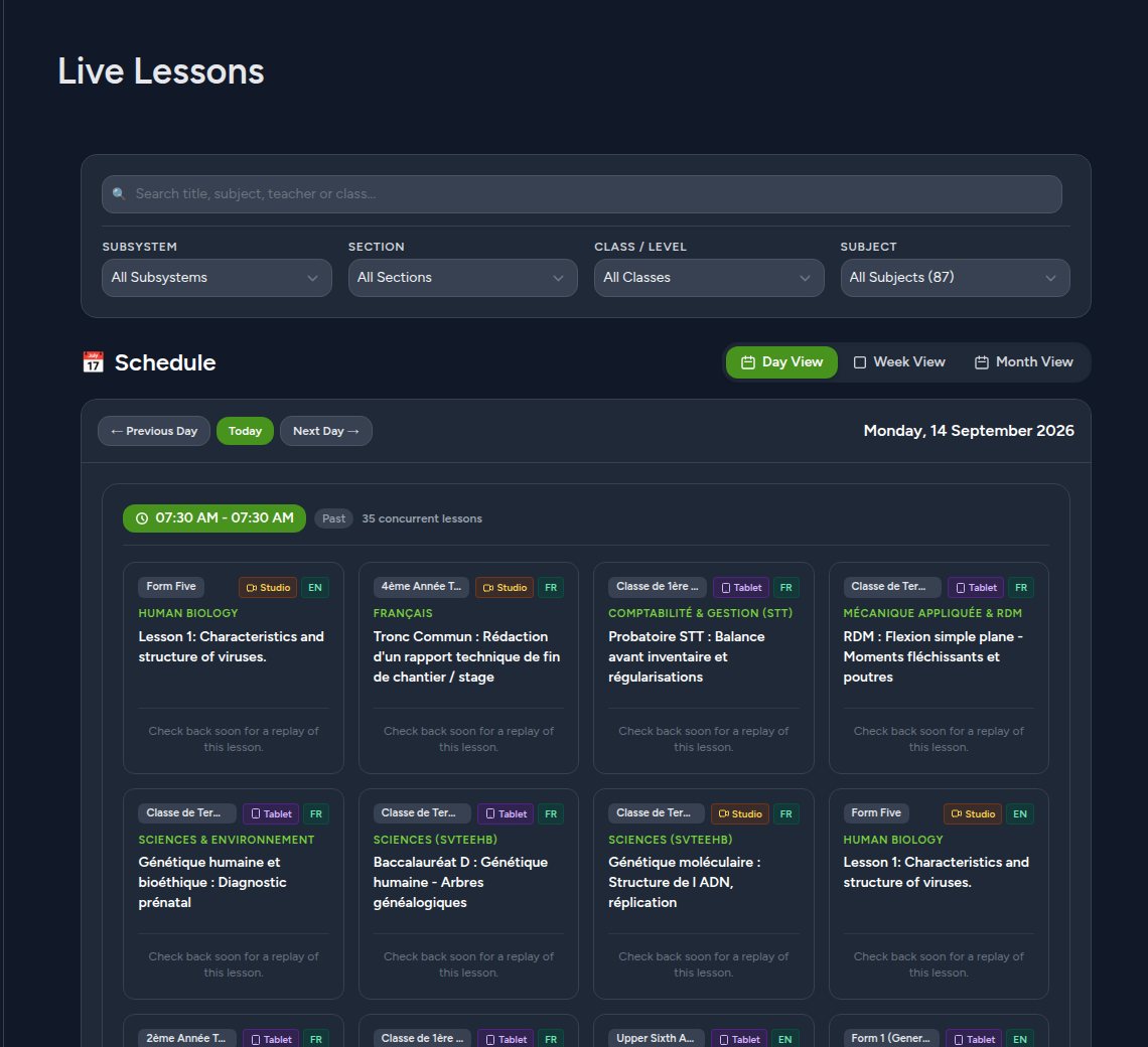 The MINESEC live timetable on Monday 14 September 2026, with past lessons at 07:30